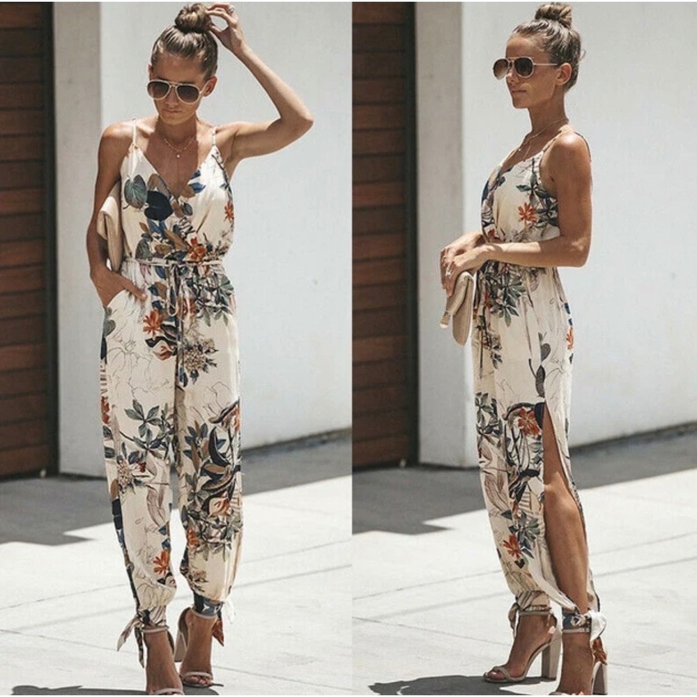 Boho Floral V-Neck Jumpsuit Womens Sz 2XL 100% Cotton Side Slits Tie Ankle